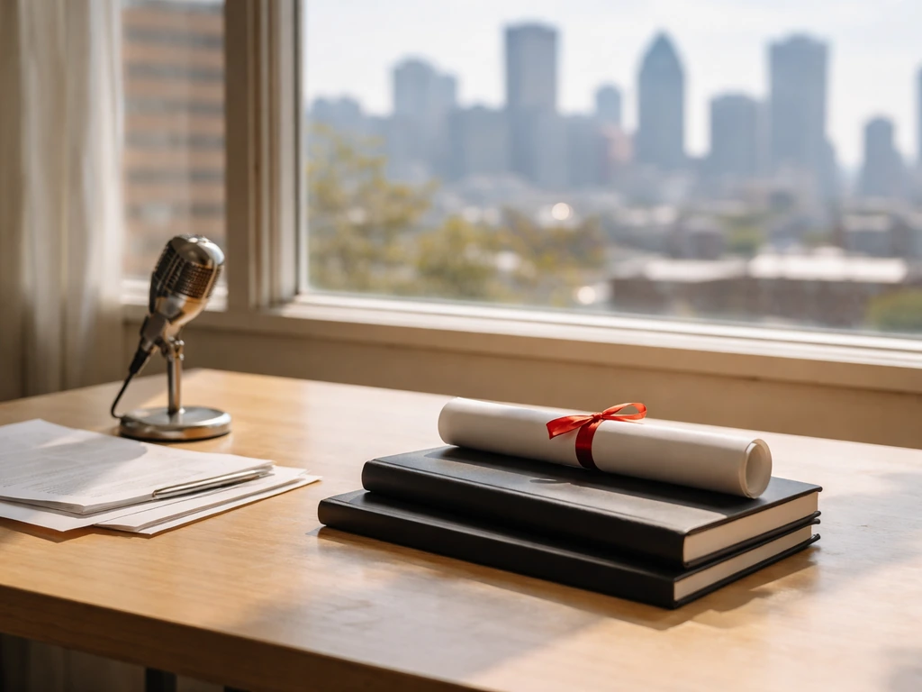 Sunlit studio desk with diploma cover, microphone, and script book symbolizing career milestones from 2002 onward