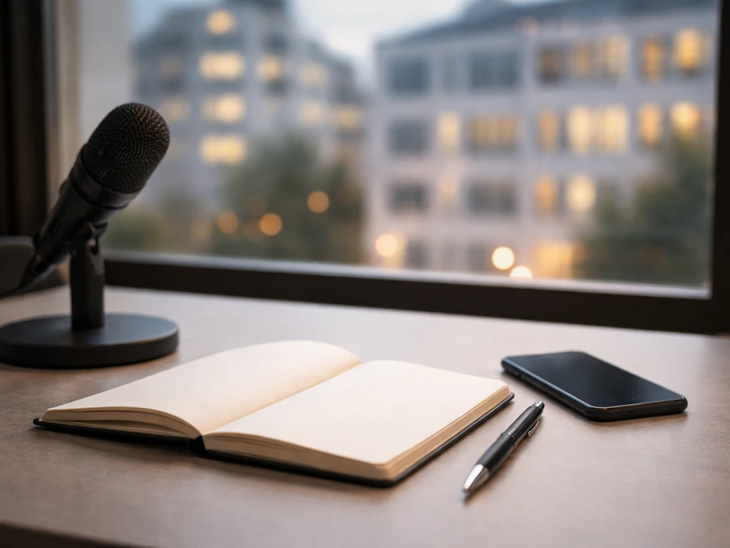 Minimal finance desk scene with microphone, notebook, and phone, symbolizing private-company valuation range.