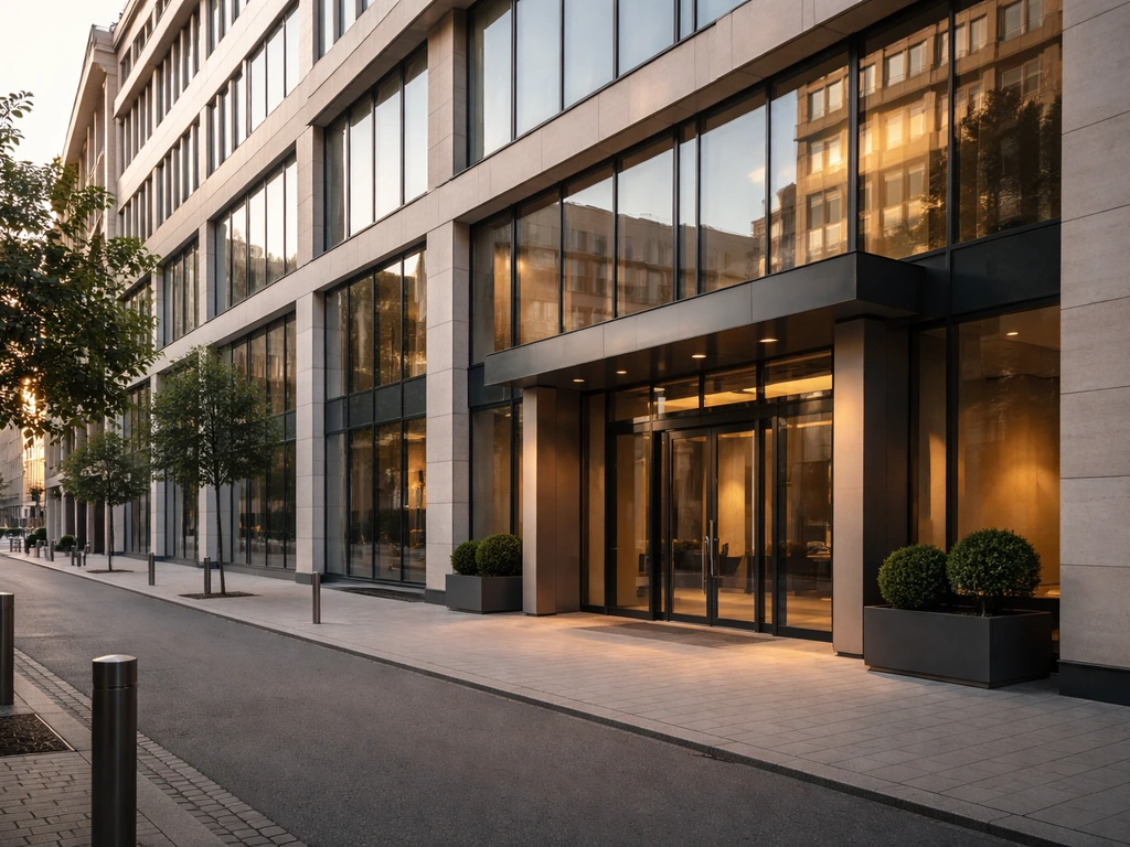 Modern fintech headquarters exterior with glass facade and entrance in a quiet street setting.