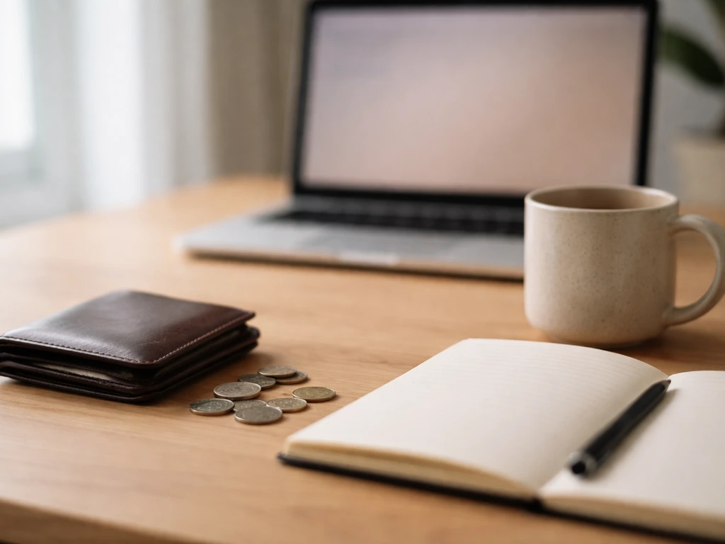 Minimal desk scene with wallet and coins, suggesting inferred financial assets without showing any person.