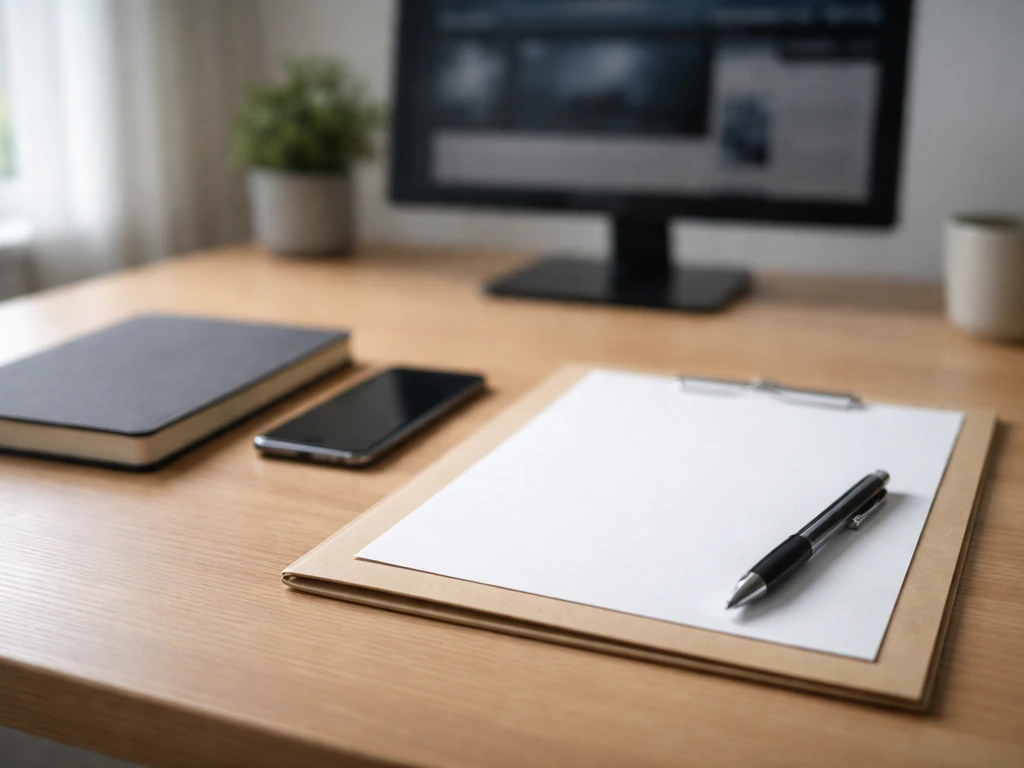 Minimal desk scene with smartphone and notebook suggesting verifying financial estimates from official sources.