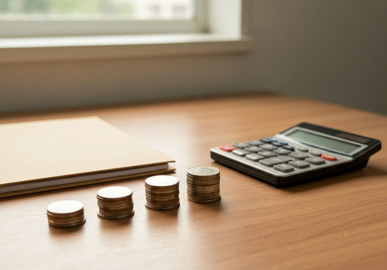 Minimal office desk with three coins stacks symbolizing low, base, and high net worth ranges