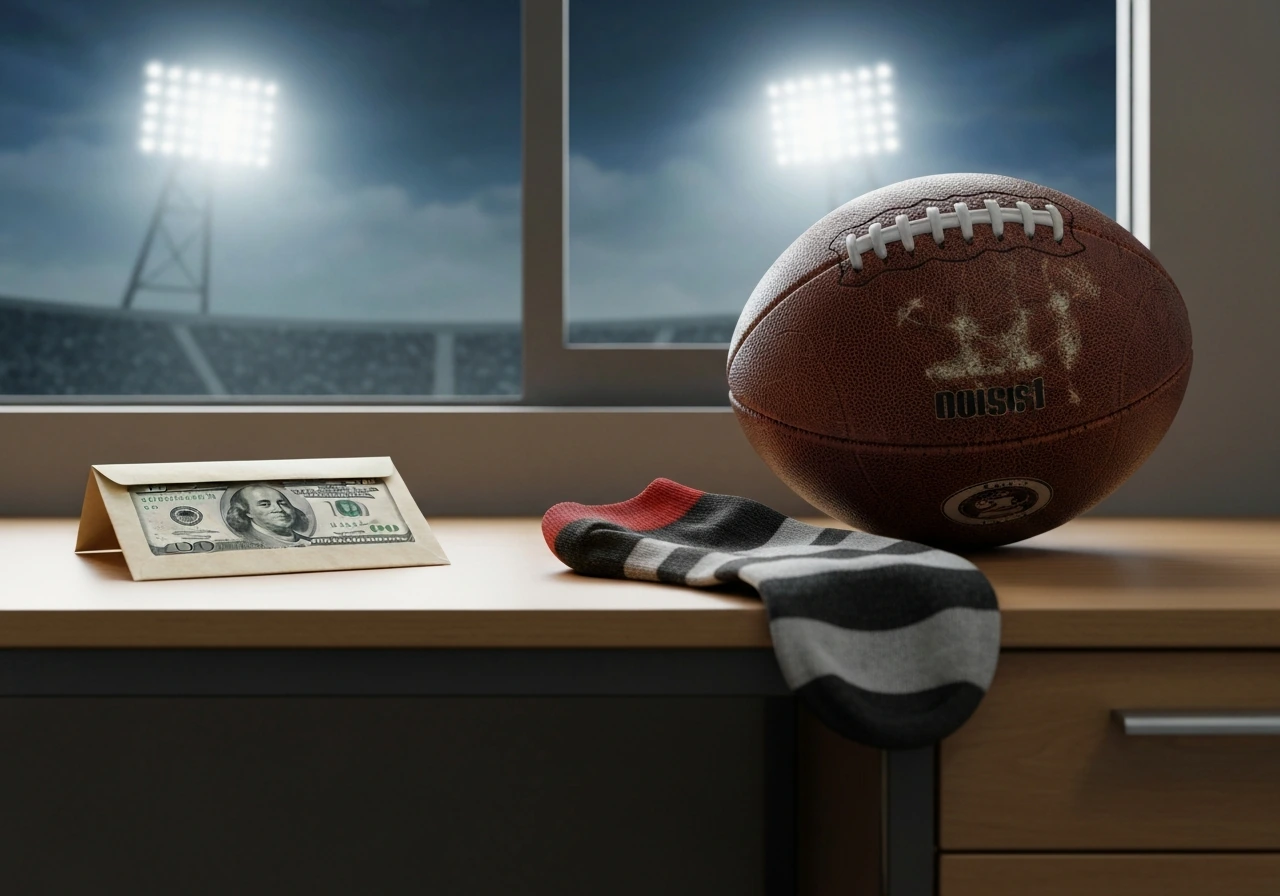 Cash envelope and a worn football on a simple desk with a faint stadium light glow behind