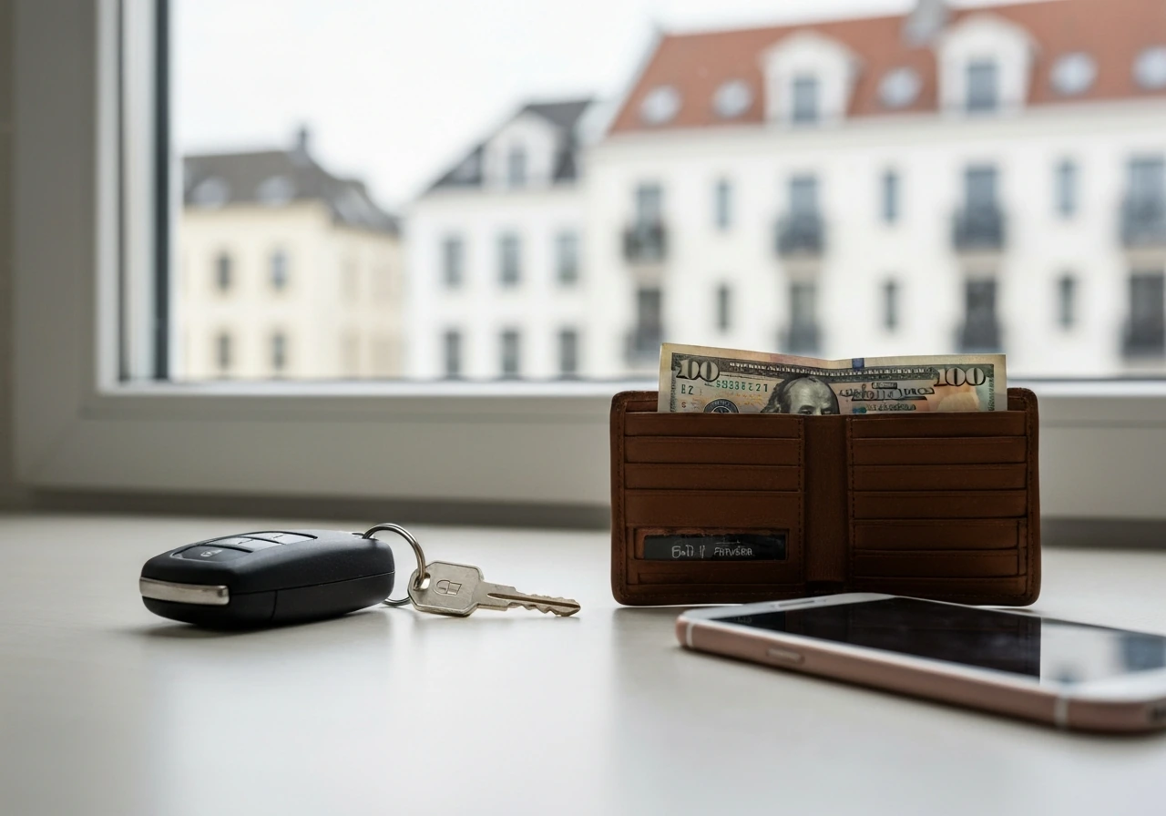Minimal desk scene with car and house keys, wallet, and a blurred European city view.