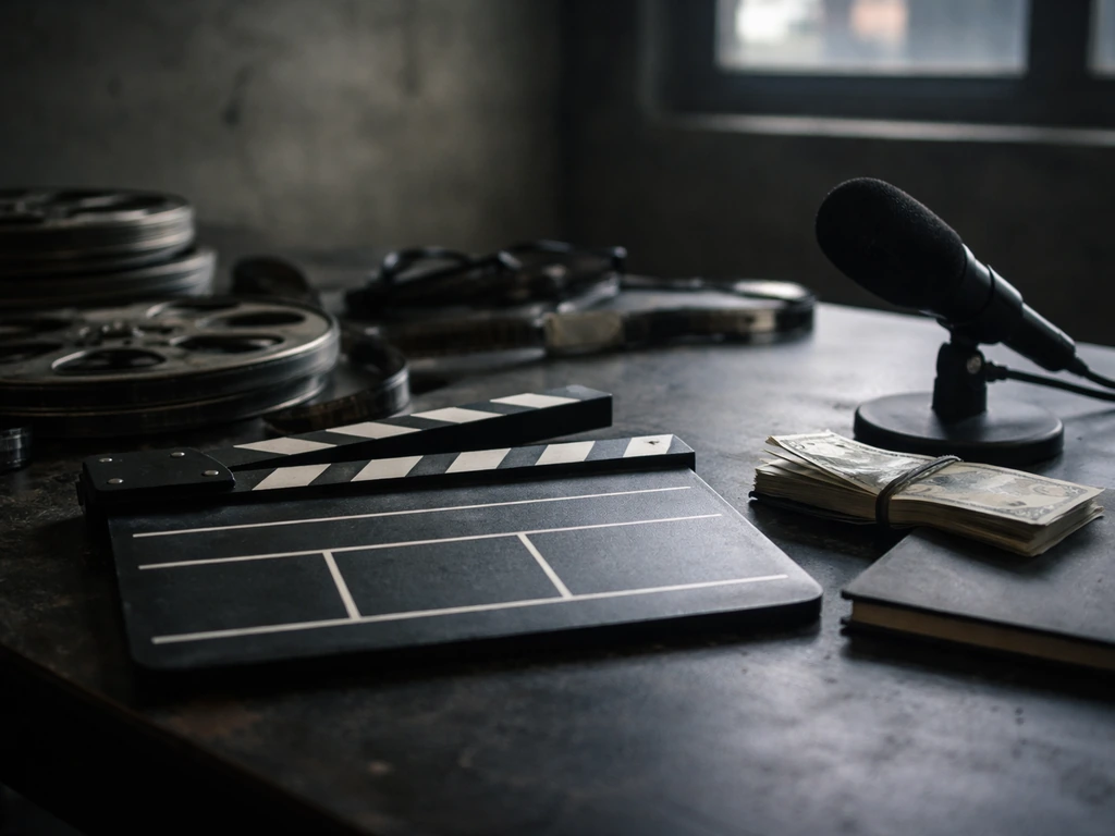Gritty movie studio workspace with a clapperboard and cash-like props, symbolizing a crime-drama career’s impact.