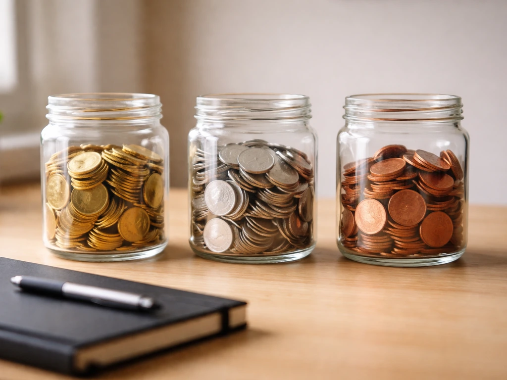 Three unlabeled coin-filled jars on a simple desk, representing directing, writing, and producing fee components.