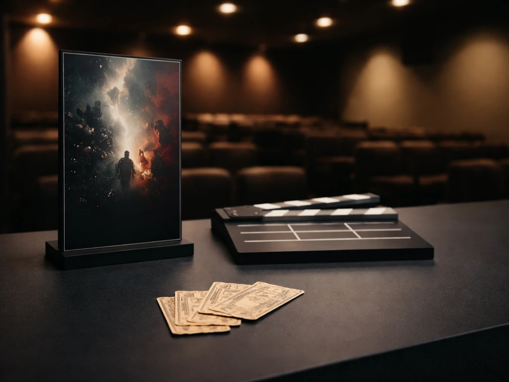 Minimal film box-office scene with an unreadable movie poster, clapperboard, and cinema tickets on a desk.