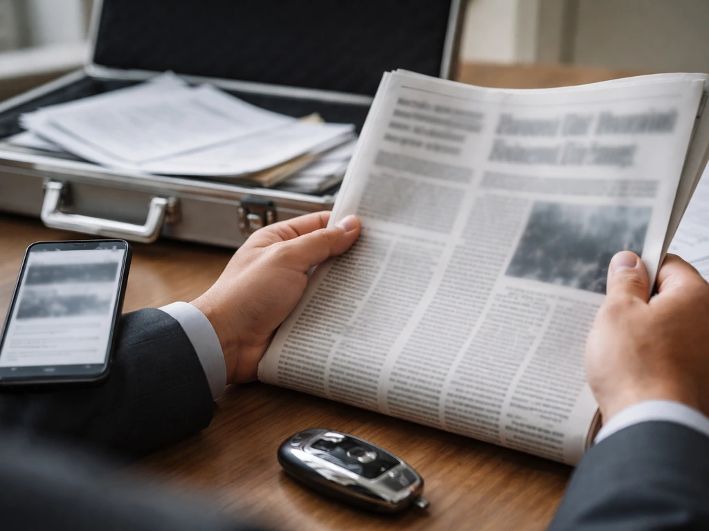 Anonymous hands reviewing blurred newspaper and documents on a desk with a phone and car key fob