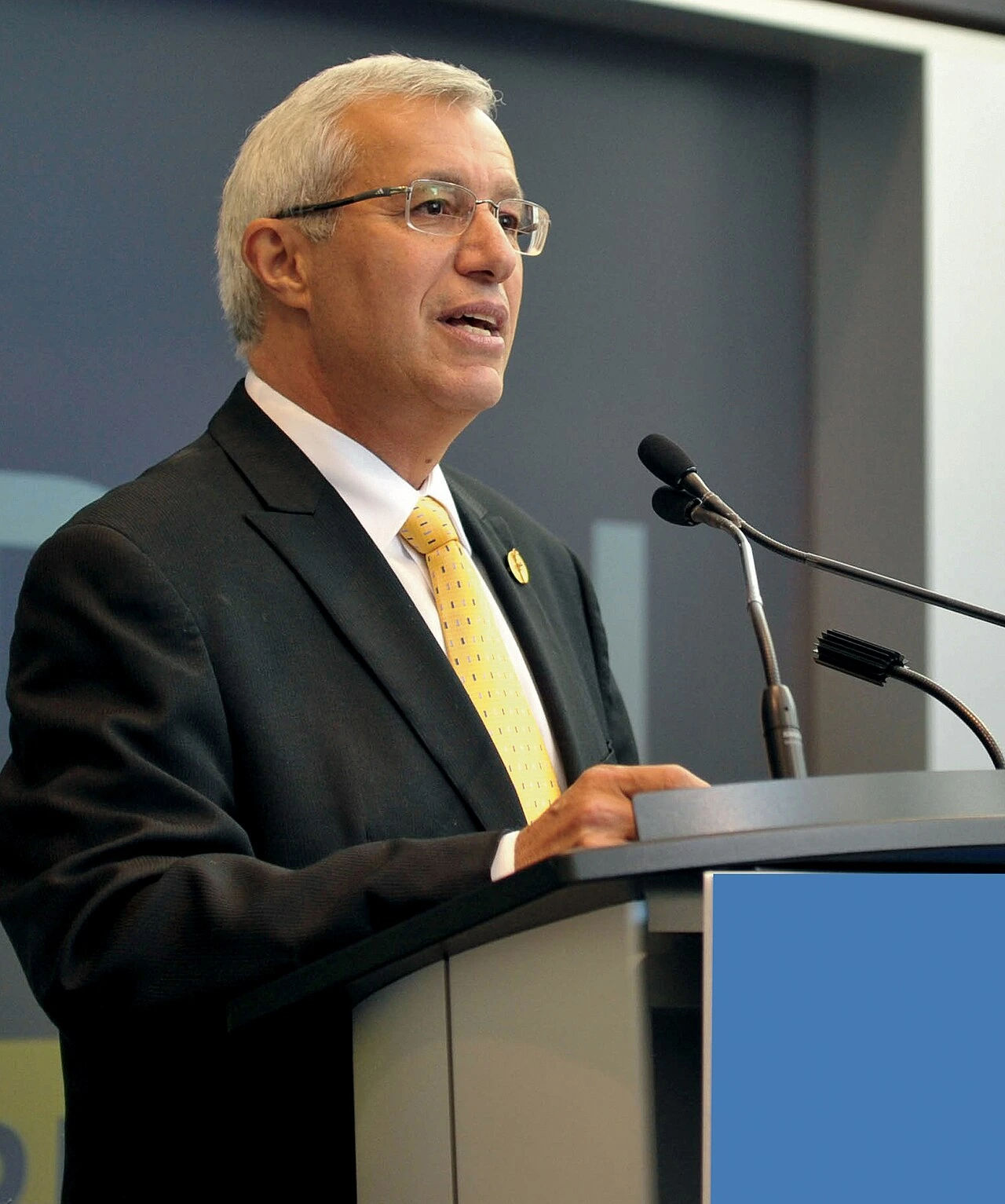 Vic Fedeli speaking at a podium in a suit and yellow tie