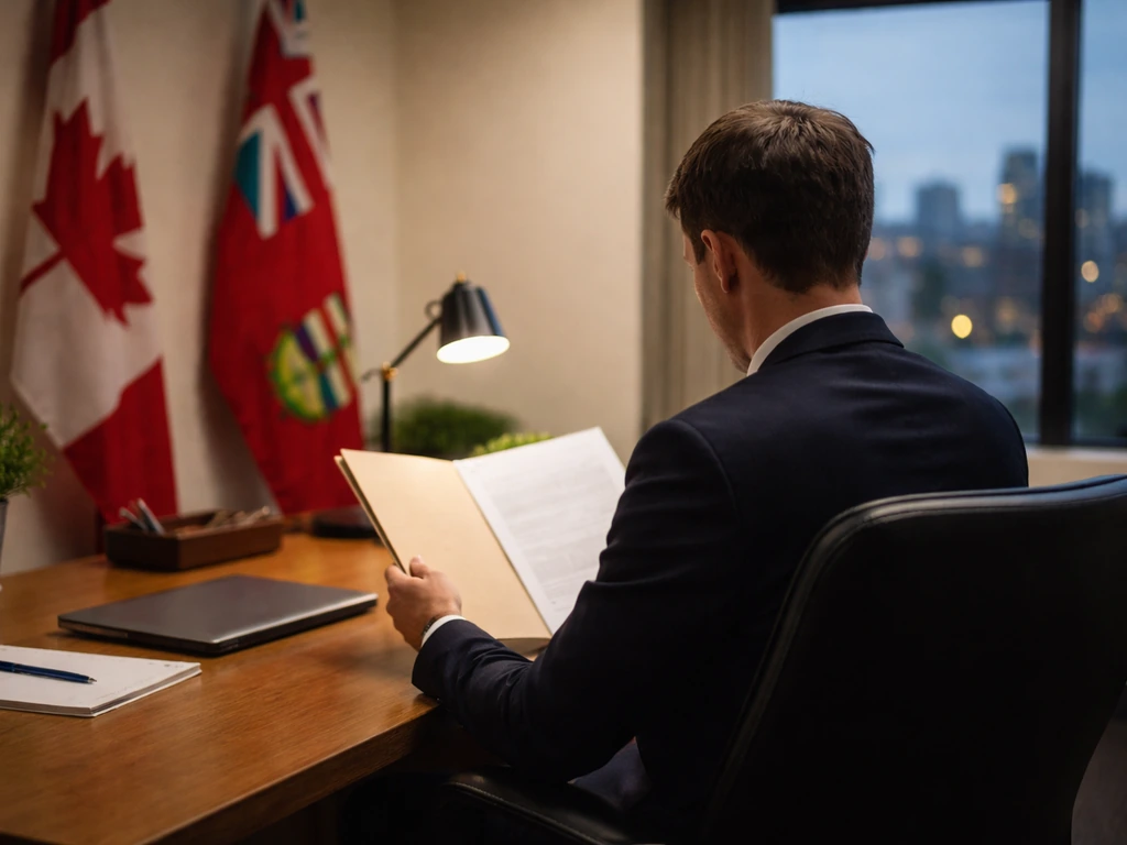 Anonymous suited person in a quiet Ontario office with a blurred skyline through the window.