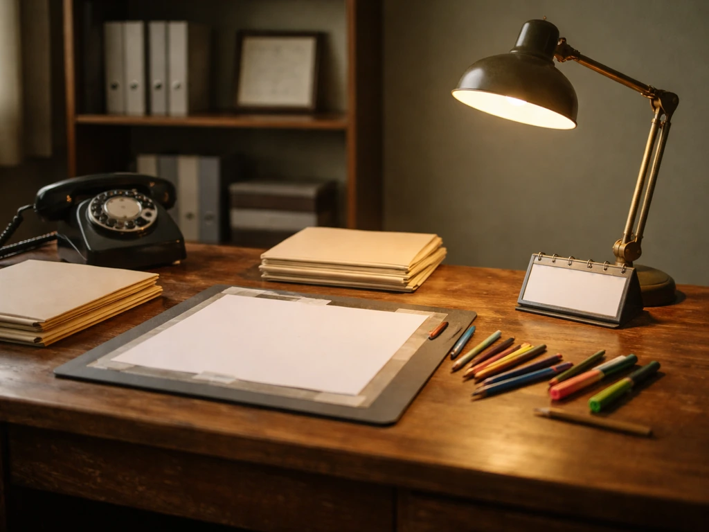Vintage advertising agency desk with rotary phone, blank mockup papers, folders, and warm desk lamp