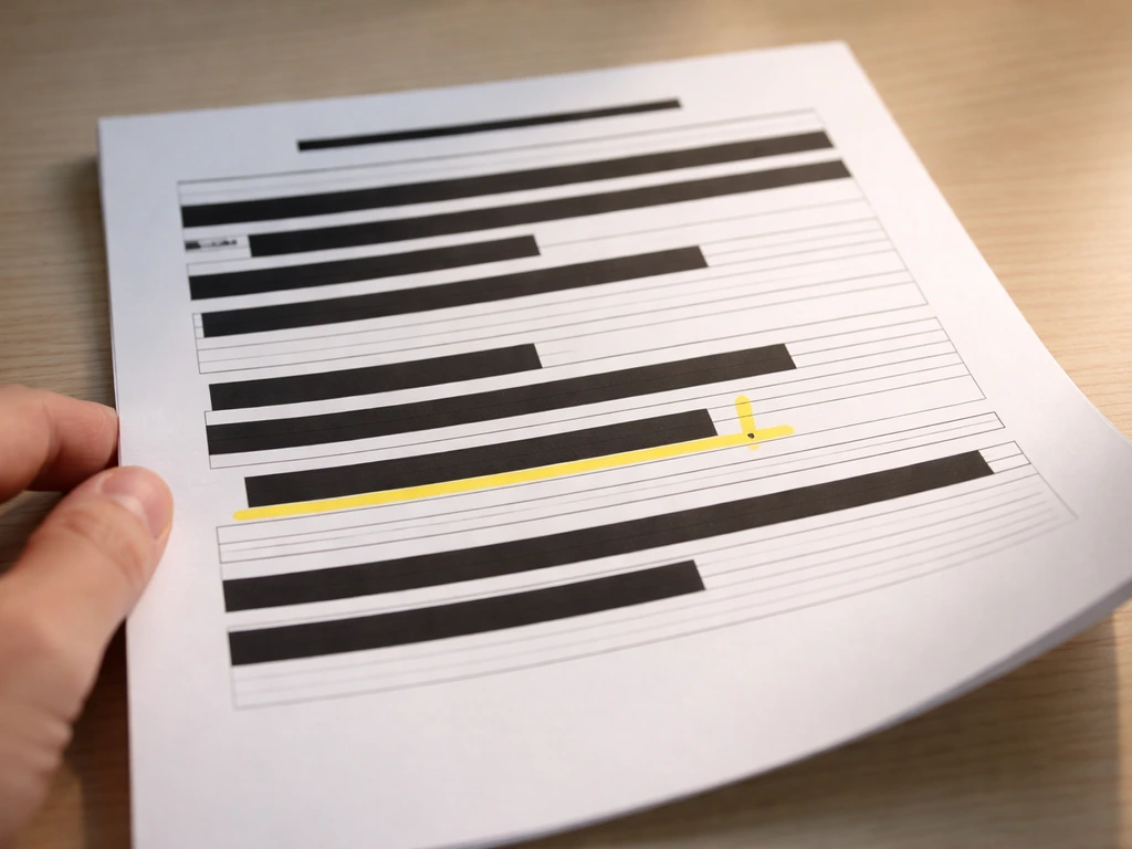 Close-up of a conflict-of-interest disclosure form with redaction bars on a desk.