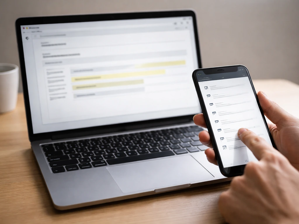 Minimal desk photo showing a phone and laptop with an interface-style checklist for verifying salary numbers.